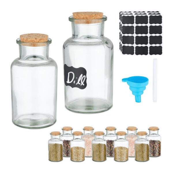 Rinkinys iš 12 skaidrių prieskonių indelių 13x6,5cm., šviesiai rudos spalvos