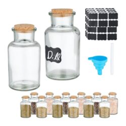 Rinkinys iš 14 skaidrių prieskonių indelių 13x6,5cm., šviesiai rudos spalvos