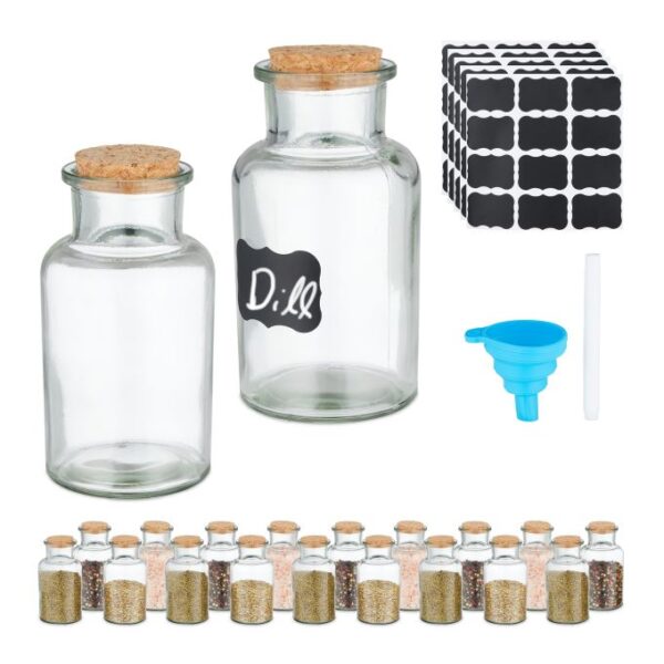 Rinkinys iš 20 skaidrių prieskonių indelių 13x6,5cm., šviesiai rudos spalvos