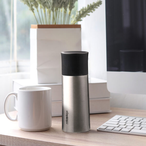 Blank mockup white coffee mug and steel thermo bottle for water