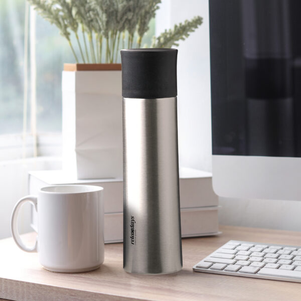 Blank mockup white coffee mug and steel thermo bottle for water