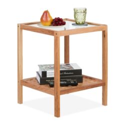 Skaidrus šoninis staliukas su lentyna 50x40x40cm., šviesiai rudos spalvos