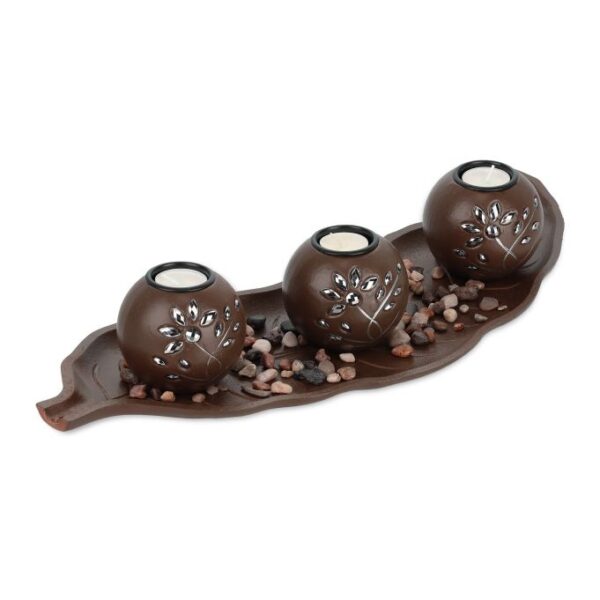 Rinkinys iš 3 žvakidžių ir padėklo, rudos spalvos