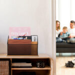 Modern scandinavian home interior with design wooden commode, pl