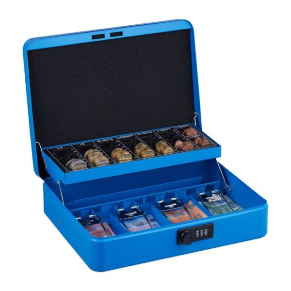 Grynųjų pinigų dėžutė su skaitmeniniu kodu, mėlynos spalvos