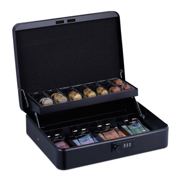 Grynųjų pinigų dėžutė su skaitmeniniu kodu, juodos spalvos