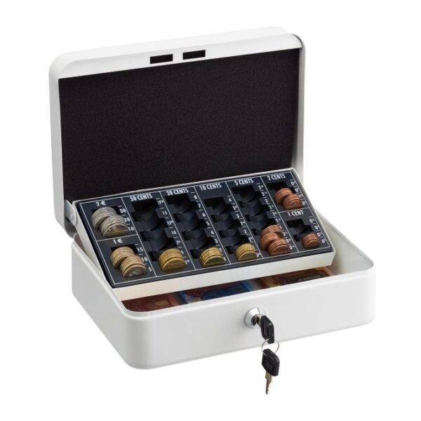 Grynųjų pinigų dėžutė su monetų skaičiavimo lenta, sidabrinės spalvos