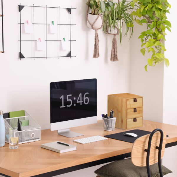 Cozy workplace with computer, modern furniture and houseplants a