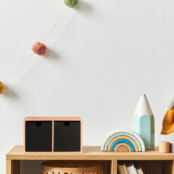 Stylish scandinavian newborn baby room with toys, plush animal,