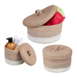 Rinkinys iš 3 krepšelių su dangčiu, smėlio/baltos spalvos