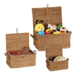 Rinkinys iš 3 krepšelių su dangčiu, rudos spalvos