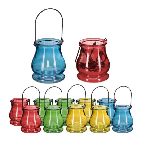 Rinkinys iš 12 skaidrių žvakidžių 18x9,5x8,5cm., raudonos/geltonos/žalios/mėlynos spalvos