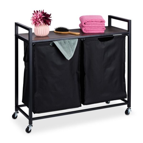 Vonios lentyna ant ratukų su skalbinių krepšeliu 75,5x80x33cm., tamsiai rudos/juodos spalvos