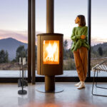 Woman enjoy great view on mountains while standing at home near fireplace