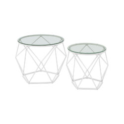 Rinkinys iš 2 skaidrių kavos staliukų, baltos spalvos