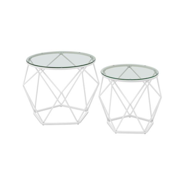 Rinkinys iš 2 skaidrių kavos staliukų, baltos spalvos