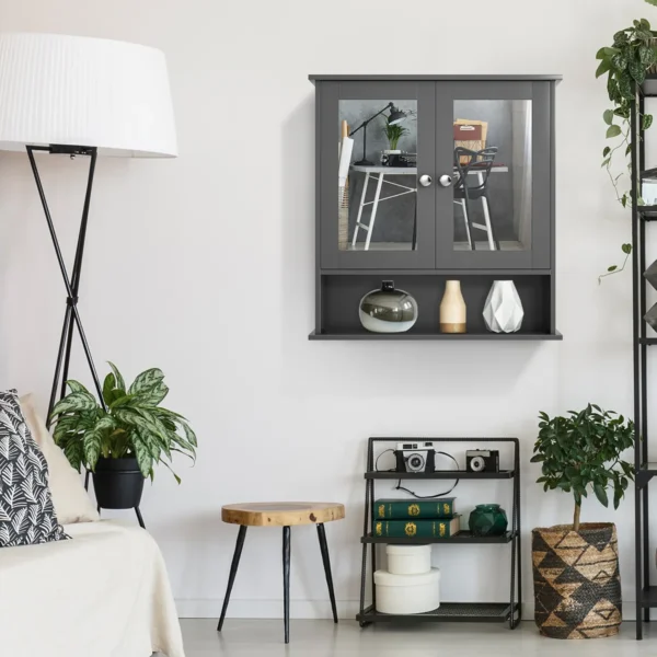 Vonios sieninė spintelė su veidrodžiu 56,5x13,5x58,5cm., tamsiai pilkos spalvos