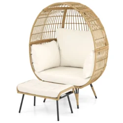 Kiaušinio formos krėslas su pakoju, baltos/šviesiai rudos spalvos 