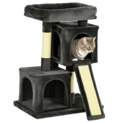 Kačių namelis drąskyklė PawHut 59x39x83cm., tamsiai pilkos/kreminės spalvos