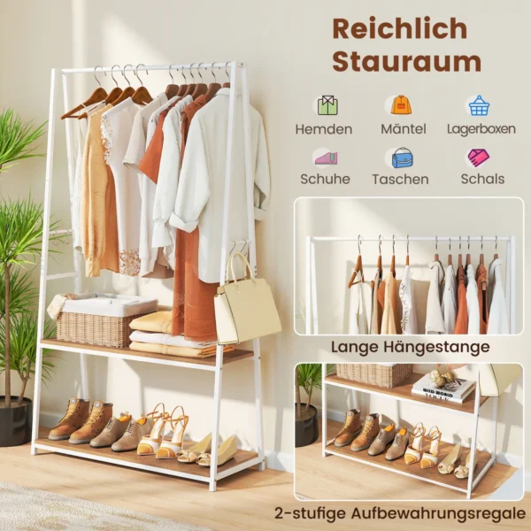 costwaykleiderstnderfreistehendegarderobemit2regalenstabilerkleiderstangeoffeneskleiderregalmitschuhregalfrschlafzimmerwohnzimmereingangflurwei_1752199574196_image_6.webp Drabužių kabykla 94x40x171cm., baltos/rudos spalvos