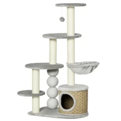 Kačių namelis drąskyklė PawHut 60x40x115,5cm., pilkos/smėlio spalvos