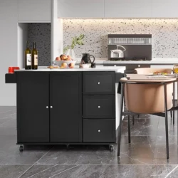 Virtuvės sala ant ratukų 135x45,5x91,5cm., juodos/sidabrinės spalvos