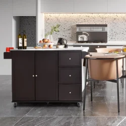 Virtuvės sala ant ratukų 135x45,5x91,5cm., tamsiai rudos/sidabrinės spalvos