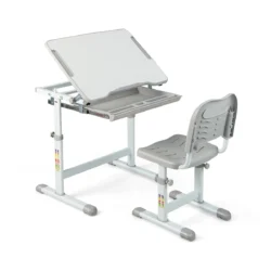 Vaikiškas rašomasis stalas su kėdė, pilkos/baltos spalvos