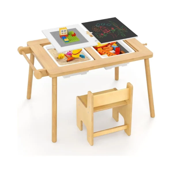 Vaikiškas stalas su kėdė, šviesiai rudos spalvos