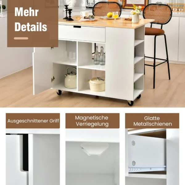 Virtuvės sala ant ratukų 124x76x92cm., baltos/šviesiai rudos spalvos