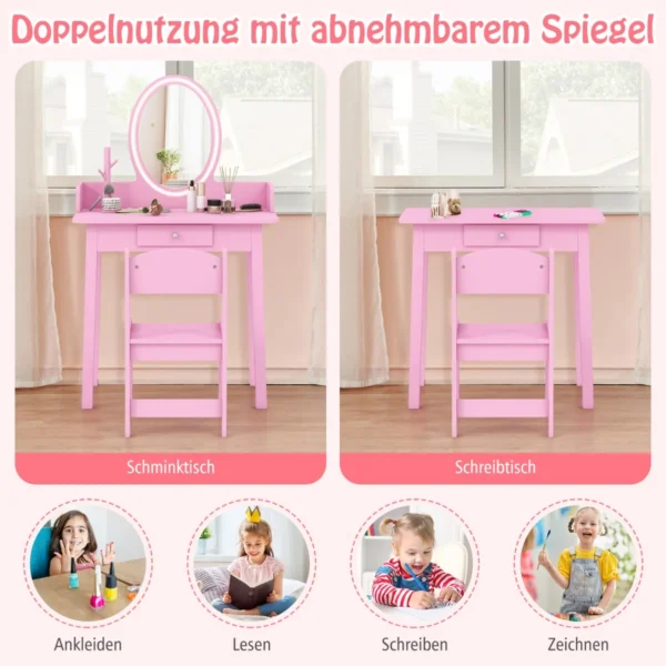Vaikiškas tualetinis staliukas su kėdute, rožinės spalvos
