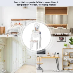 Tualetinis staliukas su taburetė, baltos spalvos