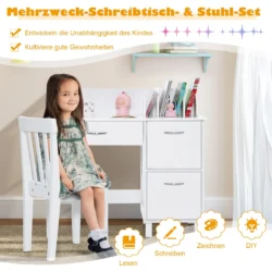 Vaikiškas rašomasis stalas su kėdė, baltos spalvos