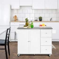 Virtuvės sala ant ratukų 135x45,5x91,5cm., baltos/sidabrinės spalvos