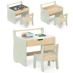 Vaikiškas stalas su kėdė, žalios/šviesiai rudos spalvos