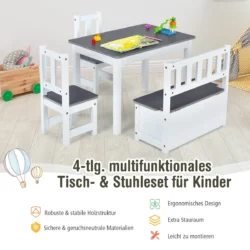 Vaikiškas stalas su 3 kėdėmis, baltos/pilkos spalvos