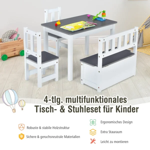 Vaikiškas stalas su 3 kėdėmis, baltos/pilkos spalvos