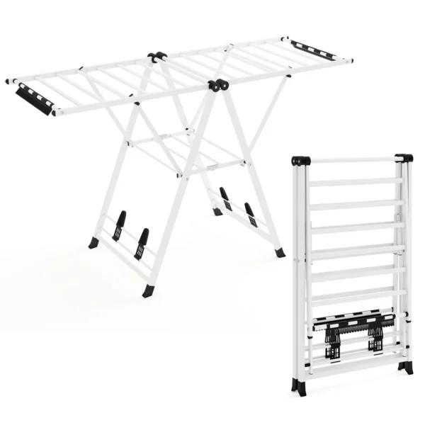 wschestnderklappbarmitverstellbarenflgelnsockenklammernschuhablagewschetrocknerausziehbarwei163cm_image_1.webp Skalbinių džiovyklė 163x56x158cm., baltos/juodos spalvos