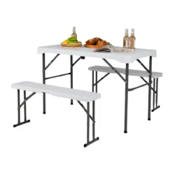 Lauko stalas su suoliukais, baltos/tamsiai pilkos spalvos