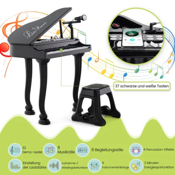 Vaikiškas žaislinis pianinas su kėde, juodos/baltos spalvos
