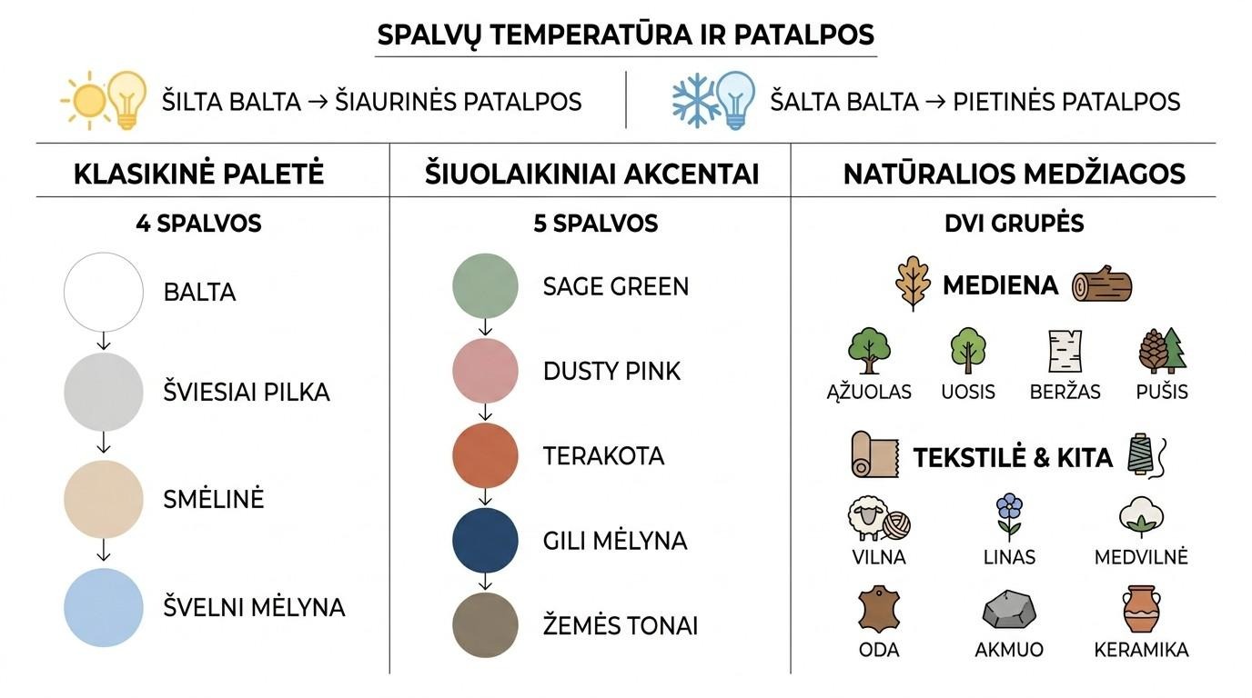 Skandinaviško interjero spalvų paletė ir natūralios medžiagos – klasikinės ir šiuolaikinės spalvos bei medienos rūšys
