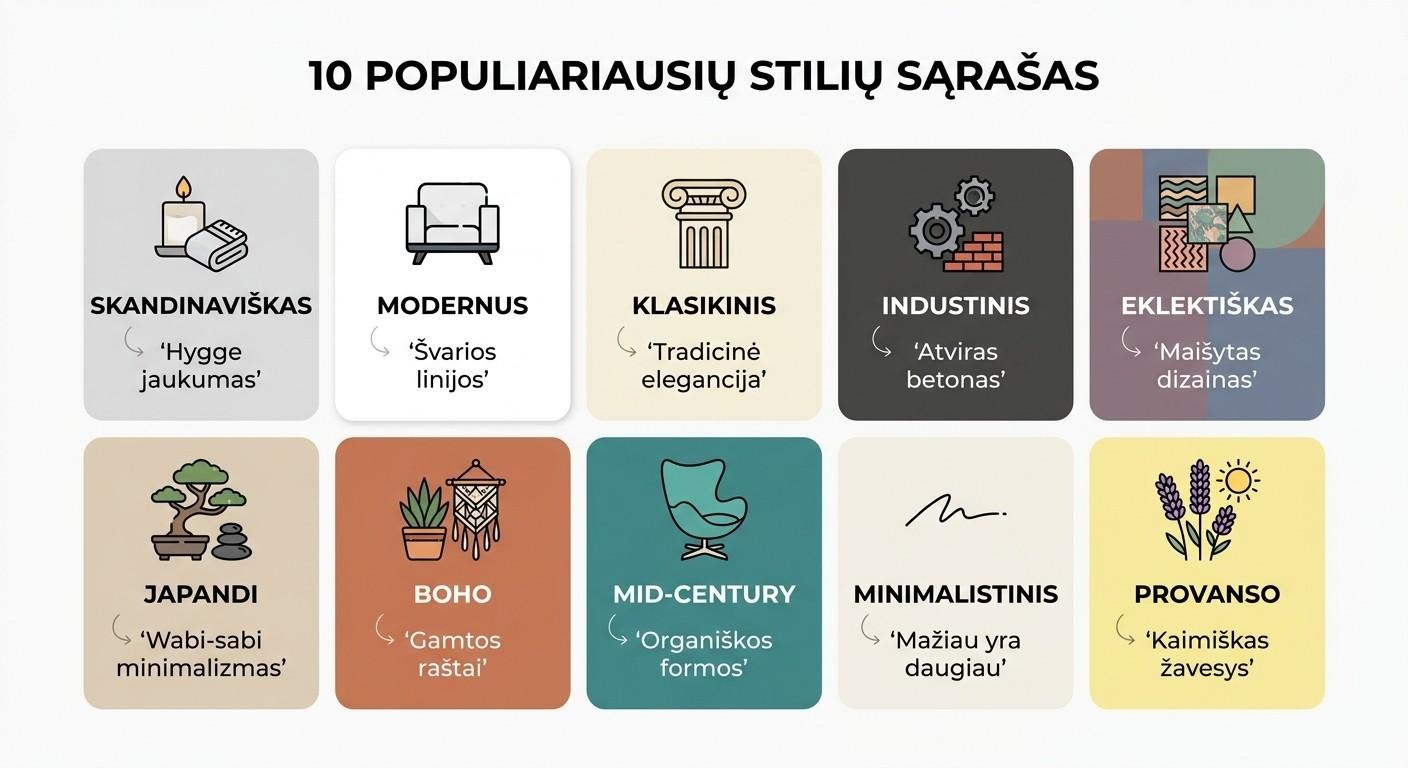 10 populiariausių interjero stilių apžvalga – spalvų paletės ir pagrindiniai bruožai
