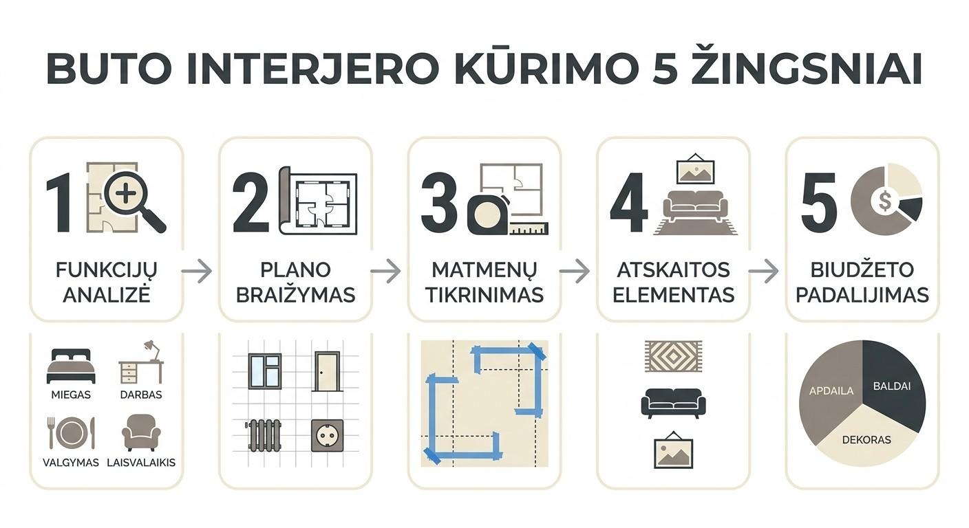 Buto interjero kūrimo 5 žingsnių proceso schema – nuo funkcijų analizės iki biudžeto planavimo
