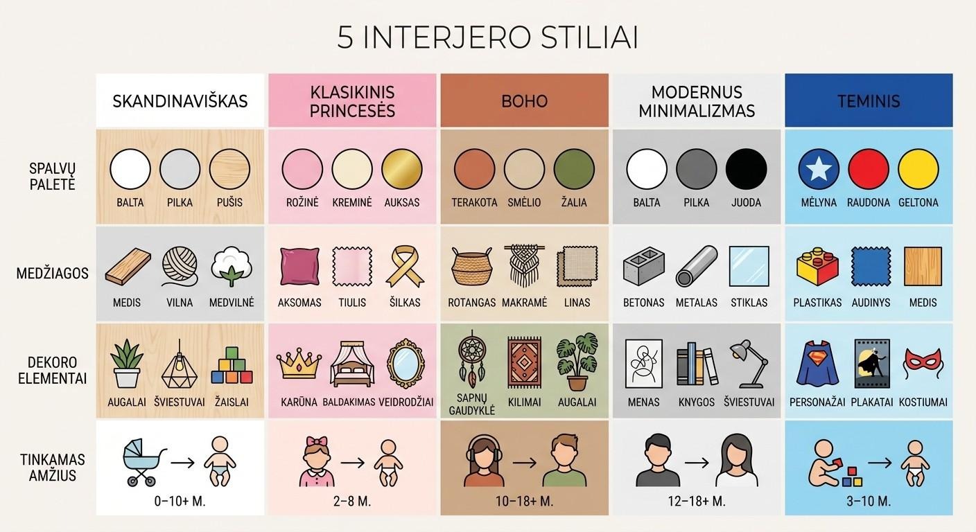 Mergaitės kambario interjero stilių palyginimas: skandinaviškas, princesės, boho, minimalizmas ir teminis stilius pagal spalvas, medžiagas ir amžių
