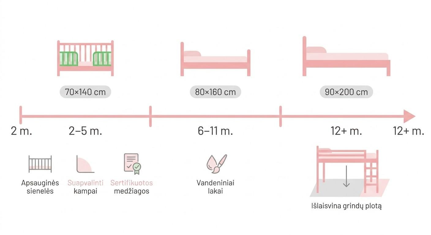 Mergaitės lovos dydžiai pagal amžių: 70×140 cm mažylėms, 80×160 cm mokyklinio amžiaus ir 90×200 cm paauglėms su saugos reikalavimais
