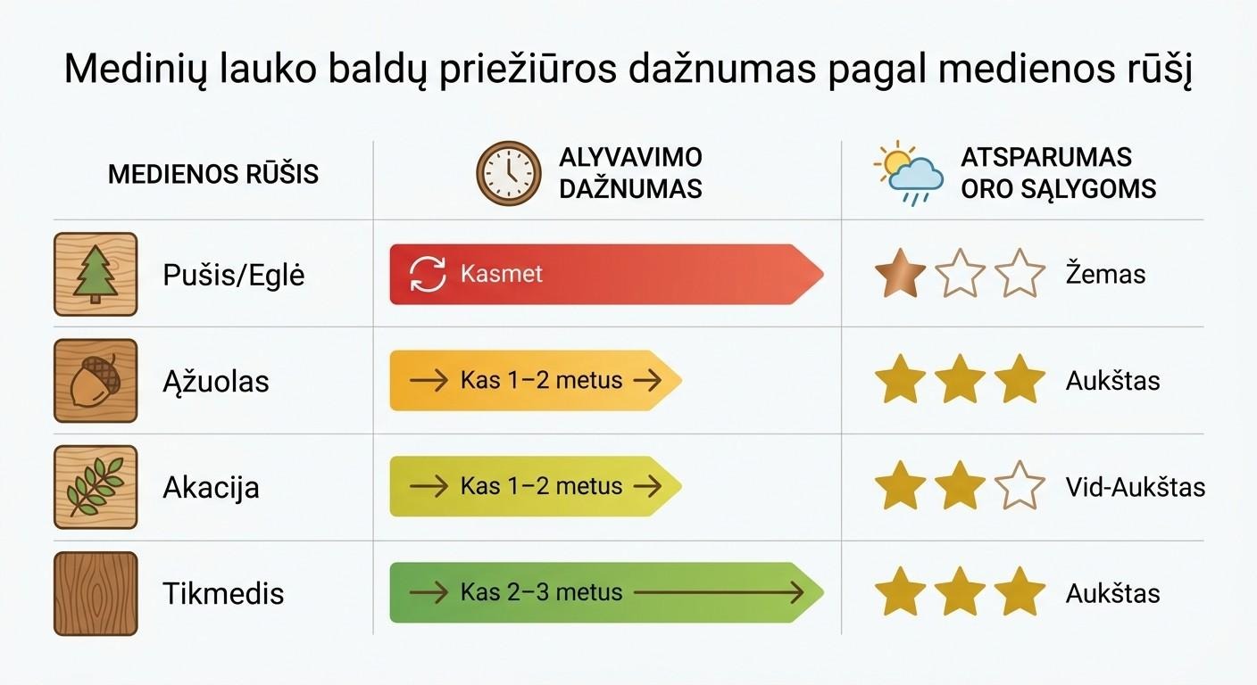 Medinių lauko baldų alyvavimo dažnumas pagal medienos rūšį – pušis, ąžuolas, akacija ir tikmedis palyginimas
