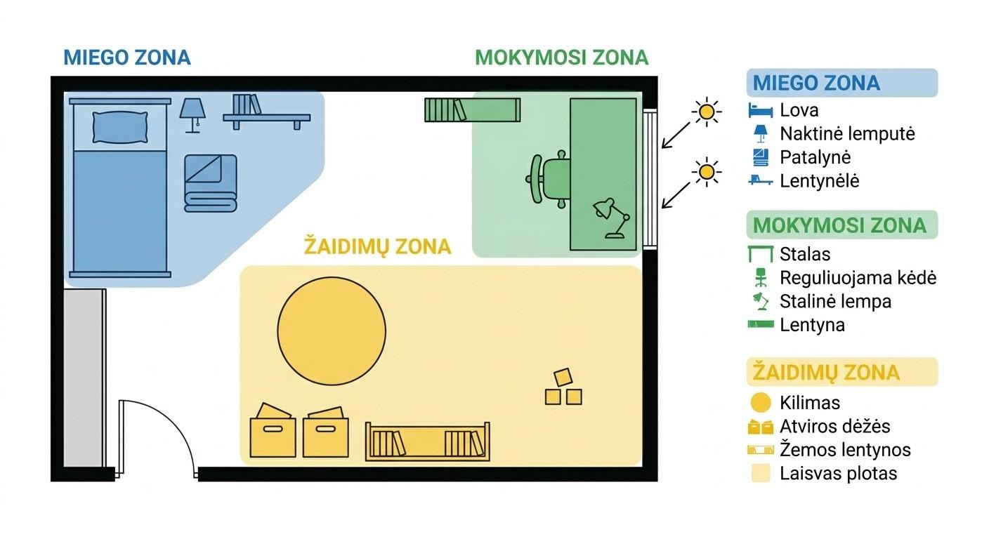 Vaiko kambario funkcinių zonų išdėstymo schema – miego, mokymosi ir žaidimų zonos planas
