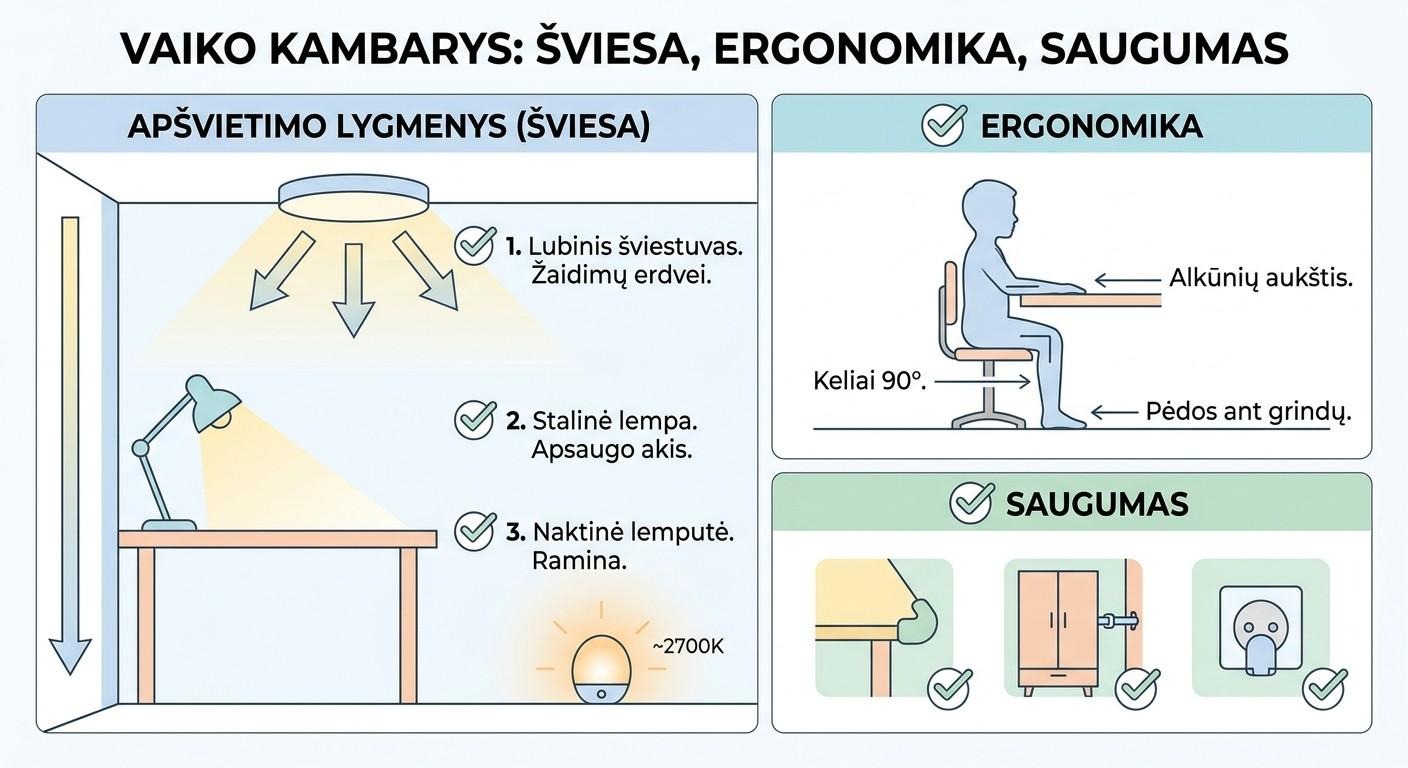 Vaiko kambario apšvietimo lygmenys, ergonomikos reikalavimai ir saugos priemonės – infografikas
