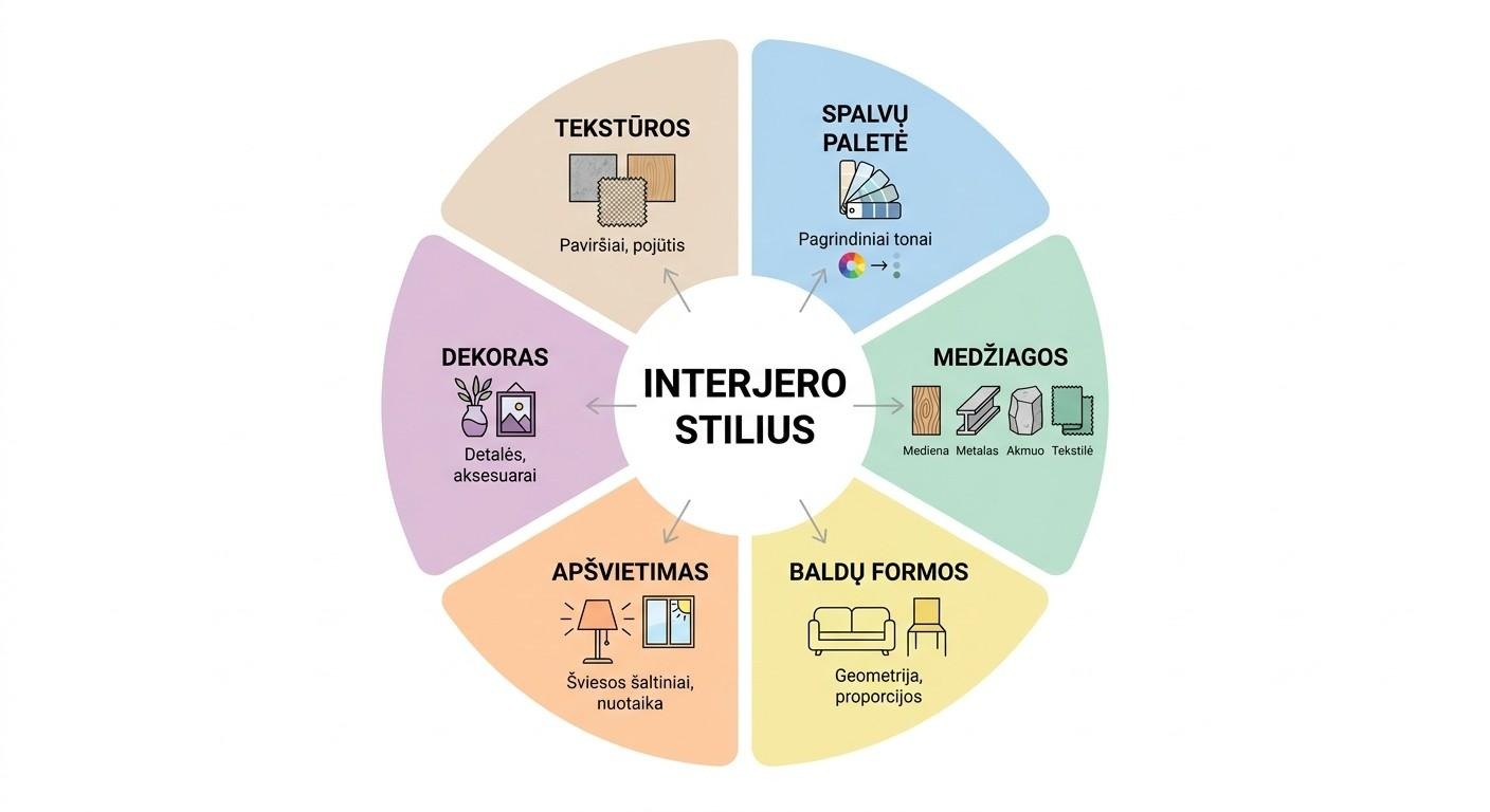 Interjero stiliaus sudedamosios dalys – spalvos, medžiagos, baldai, apšvietimas, dekoras ir tekstūros
