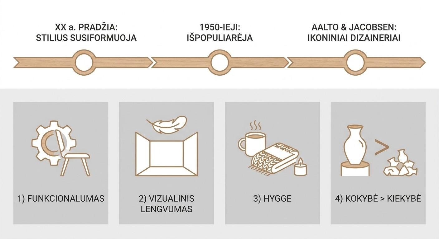 Skandinaviško interjero istorija ir pagrindiniai principai – infografikas su laiko juosta ir 4 dizaino principais
